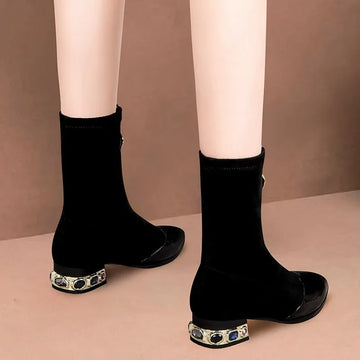 Xajzpa Women Shiny Sequin Ankle Boots Winter Fashion Pointed Front Zipper Rhinestone Square Heels Short Boots Retro Motorcycle Shoes